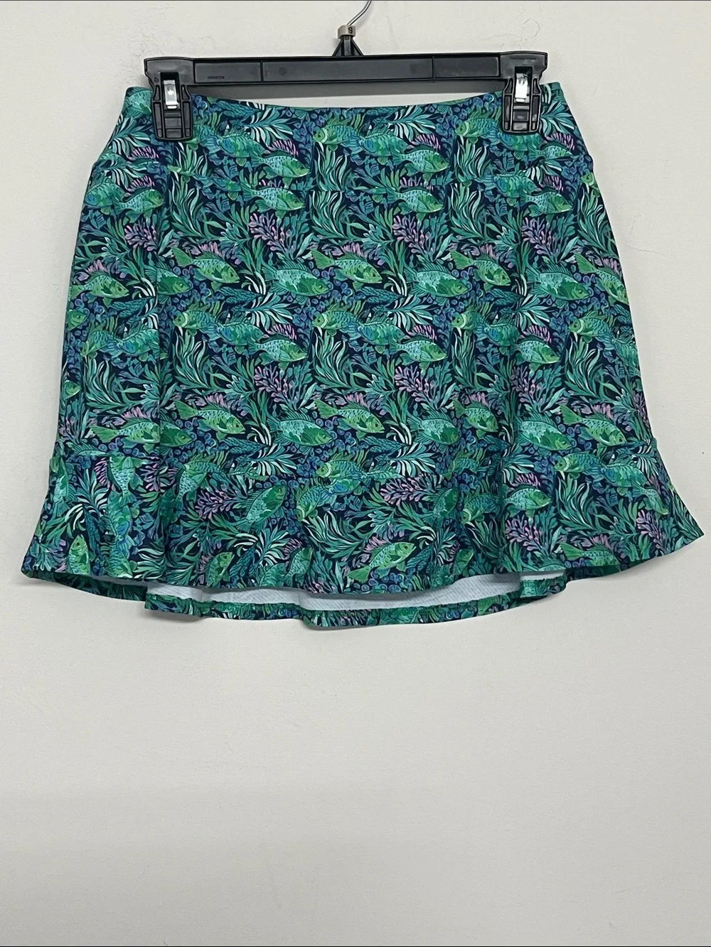 🌞 Gottex Green Tropical Print w/fish Ruffle tennis golf Mini Skorts women size M